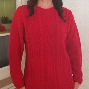 BEAUTIFUL RED CABLE KNIT SWEATER 100% WOOL VINTAGE
